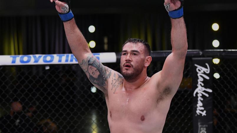 Augusto Sakai of Brazil reacts after the conclusion of his heavyweight fight against Blagoy Ivanov during the UFC Fight Night event at UFC APEX on May 30, 2020 in Las Vegas, Nevada. (Photo by Jeff Bottari/Zuffa LLC)