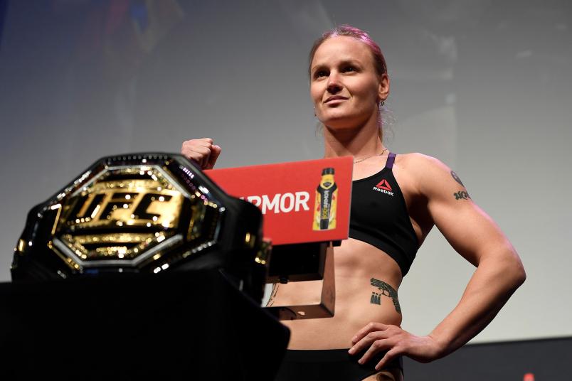 Valentina Shevchenko of Kyrgyzstan poses on the scale during the UFC 247 ceremonial weigh-in at the Toyota Center on February 7 2020 in Houston TX (Photo by Mike Roach/Zuffa LLCs)