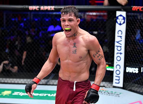 Caio Borralho reacts after the conclusion of his middleweight fight against Aaron Jeffery during Dana White's Contender Series season five week five at UFC APEX on September 28, 2021 in Las Vegas, Nevada. (Photo by Chris Unger/Zuffa LLC)