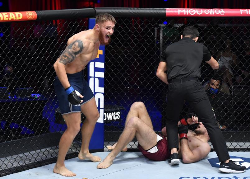 LAS VEGAS, NEVADA - SEPTEMBER 28: Ihor Potieria reacts after his victory over Lukasz Sudolski in a light heavyweight fight during Dana White's Contender Series season five week five at UFC APEX on September 28, 2021 in Las Vegas, Nevada.