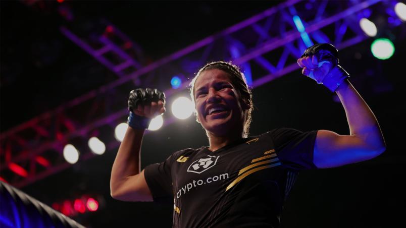 Julianna Pena celebrates after defeating Amanda Nunes of Brazil to win the women's bantamweight title fight during the UFC 269 event at T-Mobile Arena on December 11, 2021 in Las Vegas, Nevada. (Photo by Carmen Mandato/Getty Images)