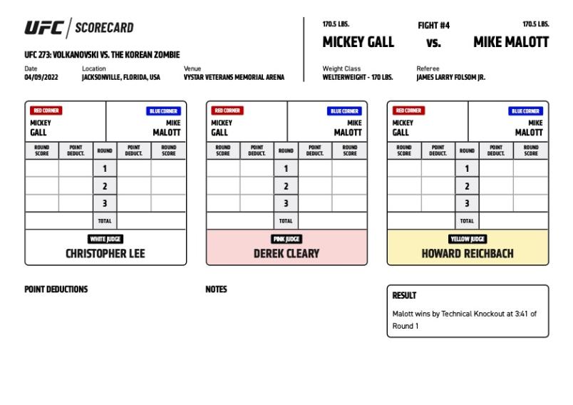 Official Result – Mike Malott defeats Mickey Gall via TKO (strikes) at 3:41 of the first round