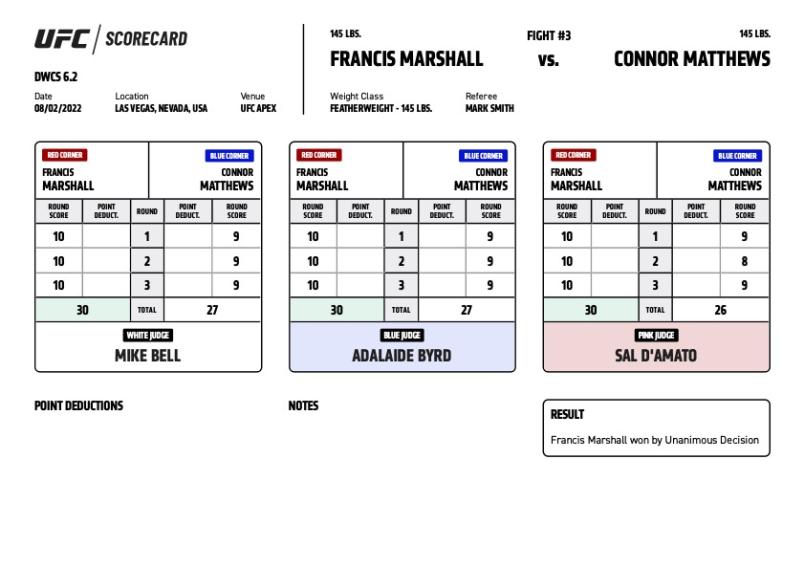 Francis Marshall defeats Connor Matthews by unanimous decision (30-27, 30-27, 30-26)