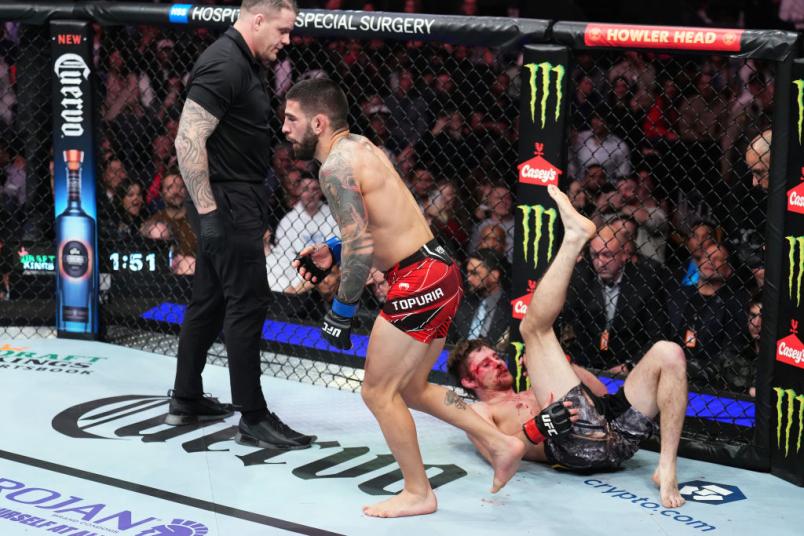 Ilia Topuria reacts after defeating Bryce Mitchell by submission during the UFC 282 event at T-Mobile Arena on December 10, 2022 in Las Vegas, Nevada. (Photo by Chris Unger/Zuffa LLC)