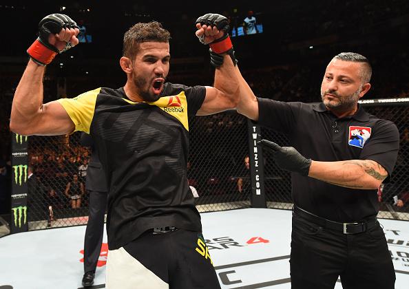 MANCHESTER, ENGLAND - OCTOBER 08: Leonardo Santos of Brazil celebrates his victory over Adriano Martins of Brazil in their lightweight bout during the UFC 204 Fight Night at the Manchester Evening News Arena on October 8, 2016 in Manchester, England. (Ph