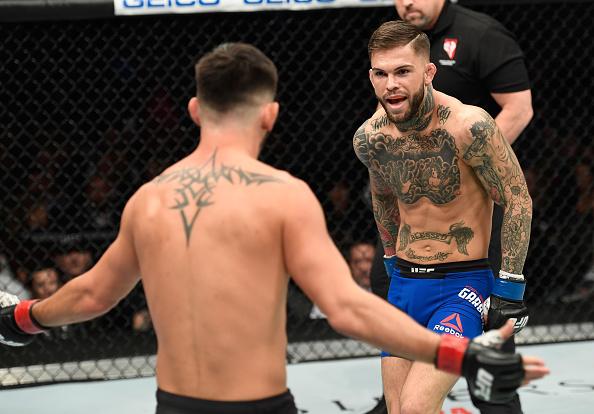 LAS VEGAS, NV - DECEMBER 30: (L-R) Dominick Cruz taunts Cody Garbrandt in their UFC bantamweight championship bout during the UFC 207 event at T-Mobile Arena on December 30, 2016 in Las Vegas, Nevada. (Photo by Josh Hedges/Zuffa LLC/Zuffa LLC via Getty I