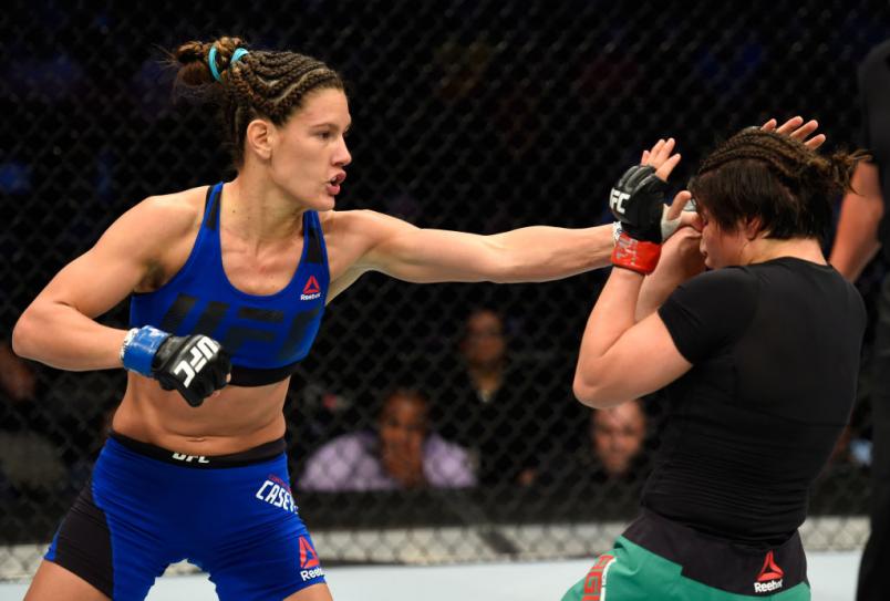 DALLAS, TX - MAY 13: (L-R) Cortney Casey punches Jessica Aguilar in their women's strawweight fight during the UFC 211 event at the American Airlines Center on May 13, 2017 in Dallas, Texas. (Photo by Josh Hedges/Zuffa LLC/Zuffa LLC via Getty Images)