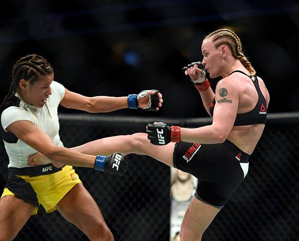 DENVER, CO - JANUARY 28: Valentina Shevchenko lands a kick on Julianna Pena in their Bantamweight bout during the UFC Fight Night January 28, 2017 at Pepsi Center. Shevchenko defeated Pe�a on a submission hold in the second round. (Photo By John Leyba/The
