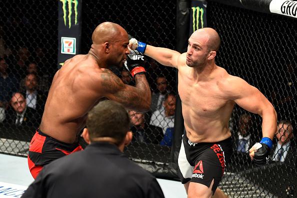 Volkan Oezdemir of Switzerland punches Jimi Manuwa in their light heavyweight bout during the UFC 214 event at Honda Center on July 29, 2017 in Anaheim, California. (Photo by Josh Hedges/Zuffa LLC via Getty Images)