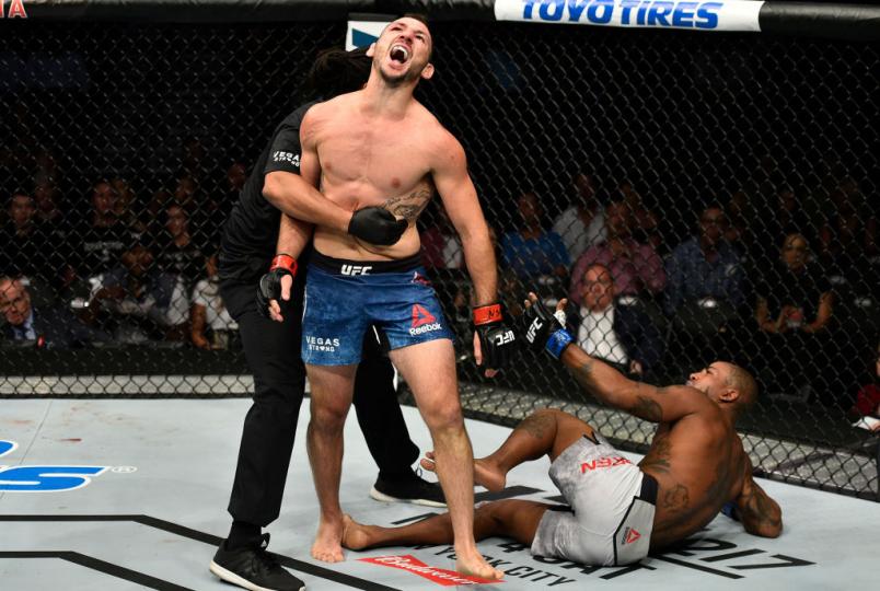 LAS VEGAS, NV - OCTOBER 07: Lando Vannata reacts in disgust after throwing an illegal knee against Bobby Green in their lightweight bout during the UFC 216 event inside T-Mobile Arena on October 7, 2017 in Las Vegas, Nevada. (Photo by Jeff Bottari/Zuffa