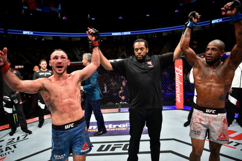 LAS VEGAS, NV - OCTOBER 07: (L-R) Lando Vannata and Bobby Green react after their three-round lightweight bout was declared a draw during the UFC 216 event inside T-Mobile Arena on October 7, 2017 in Las Vegas, Nevada. (Photo by Jeff Bottari/Zuffa LLC/Z