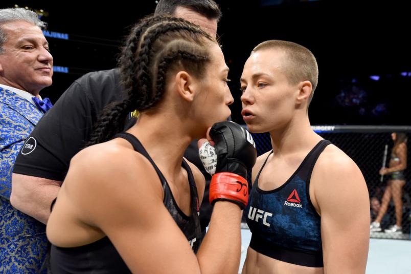 NEW YORK, NY - NOVEMBER 04: Rose Namajunas
and Joanna Jedrzejczyk of Poland face off before their UFC women's strawweight championship bout during the UFC 217 event at Madison Square Garden on November 4, 2017 in New York City. (Photo by Josh Hedges/Zu