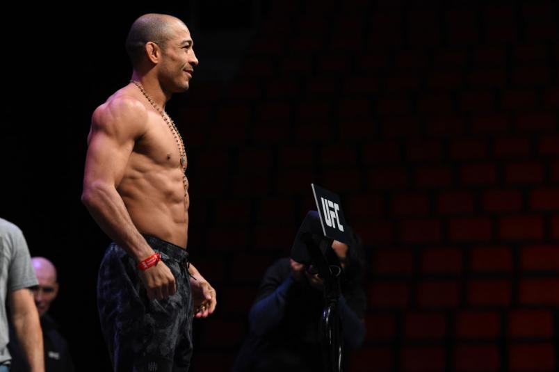 DETROIT, MI - DECEMBER 01: Jose Aldo of Brazil poses on the scale during the UFC 218 weigh-in inside Little Caesars Arena on December 1, 2017 in Detroit, Michigan. (Photo by Mike Roach/Zuffa LLC/Zuffa LLC via Getty Images)