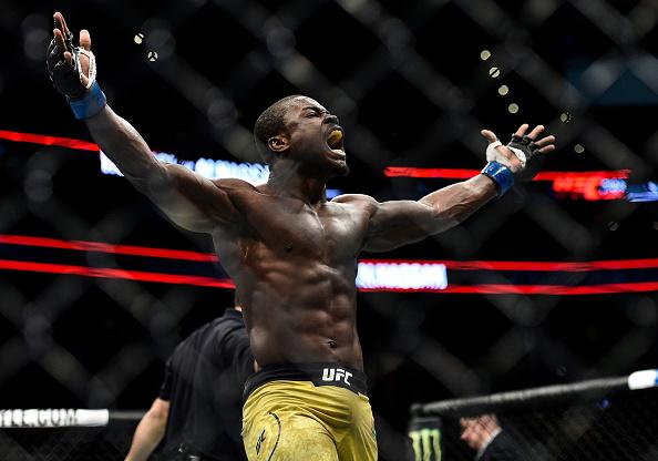 BOSTON, MA - JANUARY 20: (L-L) Abdul Razak Alhassan of Ghana celebrates his knockout victory over Sabah Homasi in their welterweight bout during the UFC 220 event at TD Garden on January 20, 2018 in Boston, Massachusetts. (Photo by Brandon Magnus/Zuffa L