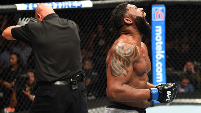 CHICAGO, ILLINOIS - JUNE 09: Curtis Blaydes celebrates after defeating Alistair Overeem in their heavyweight fight during the UFC 225 event at the United Center on June 9, 2018 in Chicago, Illinois. (Photo by Josh Hedges/Zuffa LLC/Zuffa LLC via Getty Ima