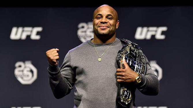 BROOKLYN, NEW YORK - APRIL 06:   Daniel Cormier poses for photos during the UFC press conference inside Barclays Center on April 6, 2018 in Brooklyn, New York. (Photo by Jeff Bottari/Zuffa LLC/Zuffa LLC via Getty Images)