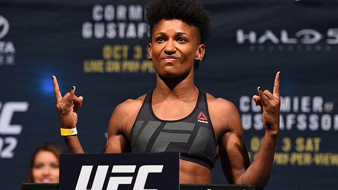 HOUSTON, TX - OCTOBER 02:  Angela Hill steps on the scale during the UFC 192 weigh-in at the Toyota Center on October 2, 2015 in Houston, Texas. (Photo by Josh Hedges/Zuffa LLC/Zuffa LLC via Getty Images)