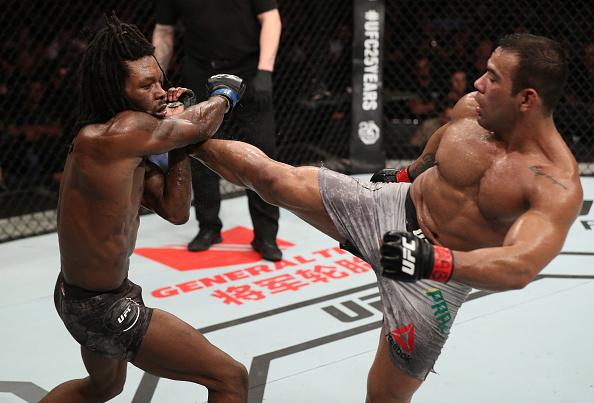 BELEM, BRAZIL - FEBRUARY 03: (R-L) Michel Prazeres of Brazil kicks Desmond Green in their lightweight bout during the UFC Fight Night event at Mangueirinho Arena on February 03, 2018 in Belem, Brazil. (Photo by Buda Mendes/Zuffa LLC/Zuffa LLC via Getty I