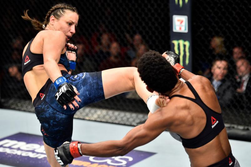 NORFOLK, VA - NOVEMBER 11: (L-R) Nina Ansaroff kicks Angela Hill in their women's strawweight bout during the UFC Fight Night event inside the Ted Constant Convention Center on November 11, 2017 in Norfolk, Virginia. (Photo by Brandon Magnus/Zuffa LLC/Zu