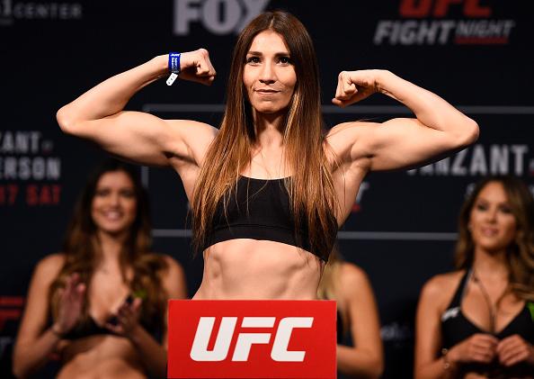 SACRAMENTO, CA - DECEMBER 16: Irene Aldana of Mexico poses on the scale during the UFC Fight Night weigh-in inside the Golden 1 Center Arena on December 16, 2016 in Sacramento, California. (Photo by Jeff Bottari/Zuffa LLC/Zuffa LLC via Getty Images)