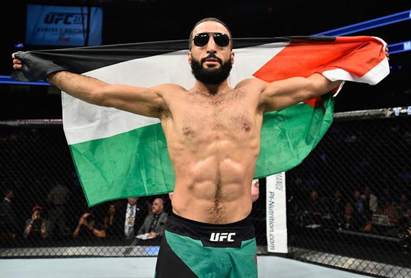 Belal Muhammad celebrates his victory over Jordan Mein in their welterweight bout during the UFC 213 event at T-Mobile Arena on July 8, 2017 in Las Vegas, Nevada. (Photo by Jeff Bottari/Zuffa LLC)