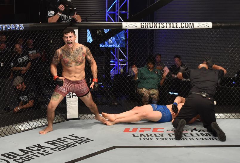 LAS VEGAS, NV - JUNE 19: Anthony Hernandez celebrates after his knockout victory over Jordan Wright in their middleweight bout during Dana White's Tuesday Night Contender Series at the TUF Gym on June 19, 2018 in Las Vegas, Nevada. (Photo by Elliott Howa