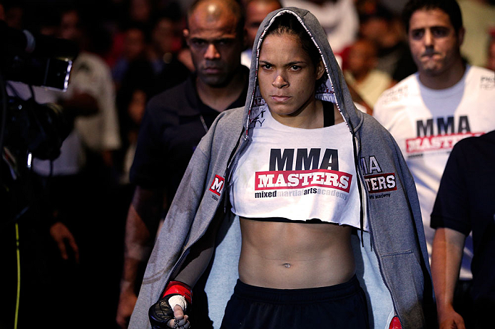 RIO DE JANEIRO, BRAZIL - AUGUST 03: Amanda Nunes enters the arena before her women's bantamweight bout against Sheila Gaff during UFC 163 at HSBC Arena on August 3, 2013 in Rio de Janeiro, Brazil. (Photo by Josh Hedges/Zuffa LLC/Zuffa LLC via Getty Image
