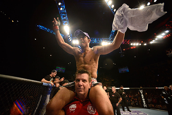 LAS VEGAS, NV - FEBRUARY 02: Jose Aldo reacts to his victory over Frankie Edgar after their featherweight title fight at UFC 156 on February 2, 2013 at the Mandalay Bay Events Center in Las Vegas, Nevada. (Photo by Josh Hedges/Zuffa LLC/Zuffa LLC via Ge