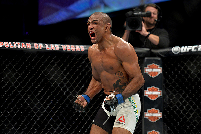 LAS VEGAS, NEVADA - DECEMBER 10:  Sergio Moraes celebrates his win over Omari Akhmedov in their welterweight bout during the UFC Fight Night event at The Chelsea at the Cosmopolitan of Las Vegas on December 10, 2015 in Las Vegas, Nevada.  (Photo by Brando