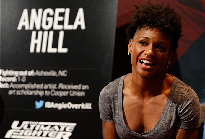 LAS VEGAS, NV - JULY 03: The Ultimate Fighter season 20 cast member Angela Hill interacts with media during the UFC Ultimate Media Day at the Mandalay Bay Resort and Casino on July 3, 2014 in Las Vegas, Nevada. (Photo by Josh Hedges/Zuffa LLC/Zuffa LLC