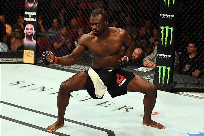 NASHVILLE, TN - AUGUST 08: Uriah Hall of Jamaica celebrates after finishing Oluwale Bamgbose by TKO in their middleweight bout during the UFC Fight Night event at Bridgestone Arena on August 8, 2015 in Nashville, Tennessee. (Photo by Josh Hedges/Zuffa L