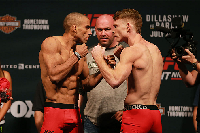 CHICAGO, IL - JULY 24: (L-R) Opponents Edson Barboza of Brazil and Paul Felder face off during the UFC weigh-in at the United Center on July 24, 2015 in Chicago, Illinois. (Photo by Rey Del Rio/Zuffa LLC/Zuffa LLC via Getty Images)