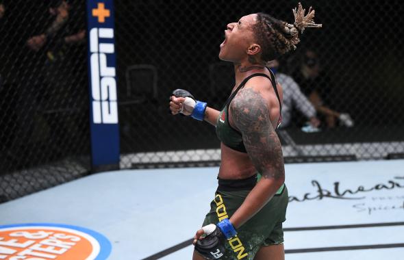 Shana Dobson reacts after her TKO victory over Mariya Agapova of Kazakhstan in their flyweight fight during the UFC Fight Night event at UFC APEX on August 22, 2020 in Las Vegas, Nevada. (Photo by Chris Unger/Zuffa LLC)