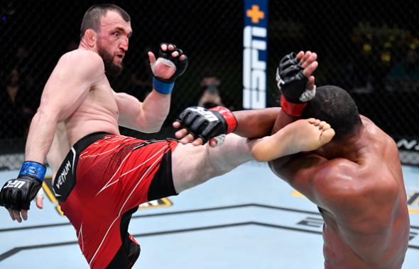 Muslim Salikhov of Russia kicks Francisco Trinaldo of Brazil in a welterweight fight during the UFC Fight Night event at UFC APEX on June 05, 2021 in Las Vegas, Nevada. (Photo by Jeff Bottari/Zuffa LLC)