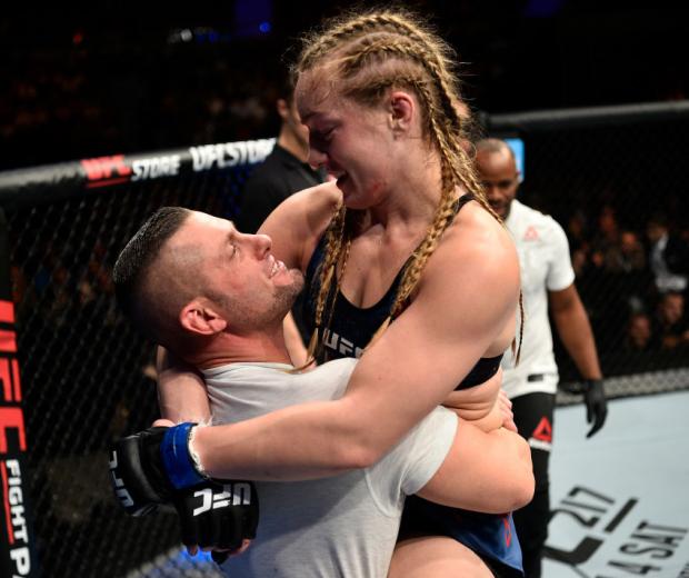 GDANSK, POLAND - OCTOBER 21: Aspen Ladd celebrates after her TKO victory over Lina Lansberg in their women's bantamweight bout during the UFC Fight Night event inside Ergo Arena on October 21, 2017 in Gdansk, Poland. (Photo by Jeff Bottari/Zuffa LLC/Zuff