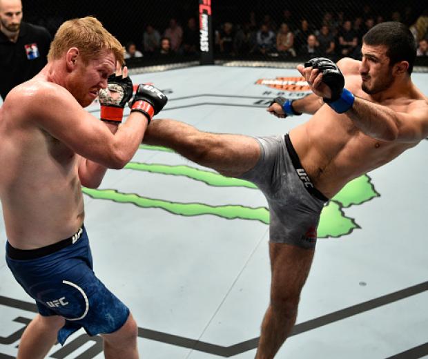 GDANSK, POLAND - OCTOBER 21:  (R-L) Ramazan Emeev of Russia kicks Sam Alvey in their middleweight bout during the UFC Fight Night event inside Ergo Arena on October 21, 2017 in Gdansk, Poland. (Photo by Jeff Bottari/Zuffa LLC/Zuffa LLC via Getty Images)
