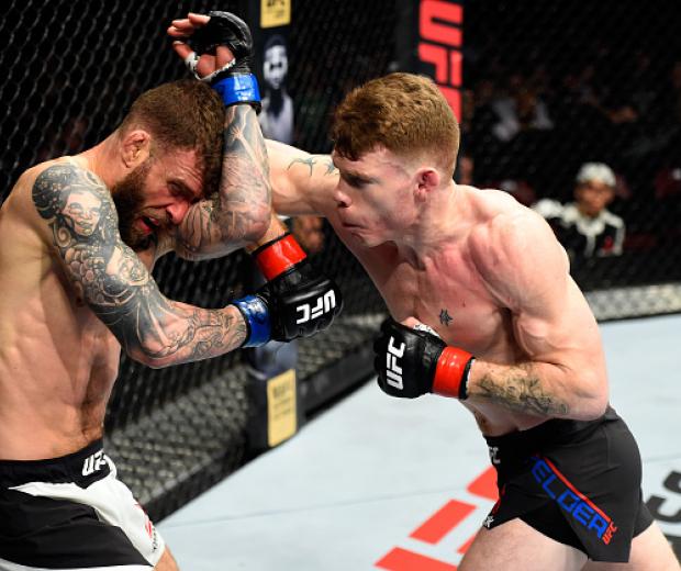 HALIFAX, NS - FEBRUARY 19: (R-L) Paul Felder lands an elbow to the head of Alessandro Ricci of Canada in their lightweight fight during the UFC Fight Night event inside the Scotiabank Centre on February 19, 2017 in Halifax, Nova Scotia, Canada. (Photo by