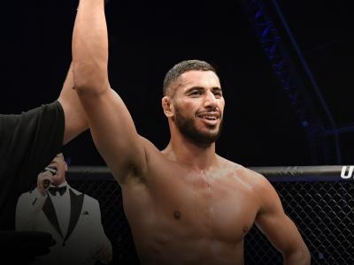 Mounir Lazzez celebrates after his unanimous-decision victory over Abdul Razak Alhassan in their welterweight fight during the UFC Fight Night event inside Flash Forum on UFC Fight Island on July 16, 2020 in Yas Island, Abu Dhabi, United Arab Emirates. (Photo by Jeff Bottari/Zuffa LLC)