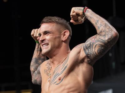 Dustin Poirier poses on the scale during the UFC 236 weigh-in at State Farm Arena on April 12, 2019 in Atlanta, Georgia. (Photo by Carmen Mandato/Zuffa LLC)
