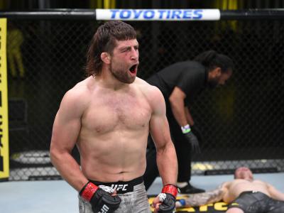 Andrew Sanchez celebrates after his knockout victory over Wellington Turman in their middleweight fight during the UFC Fight Night event at UFC APEX on August 08, 2020 in Las Vegas, Nevada. (Photo by Chris Unger/Zuffa LLC)
