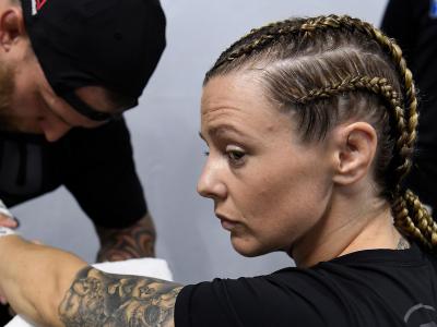 Joanne Calderwood of United Kingdom has her hands wrapped backstage during UFC 242 at The Arena on September 7, 2019 in Yas Island, Abu Dhabi, United Arab Emirates. (Photo by Mike Roach/Zuffa LLC)
