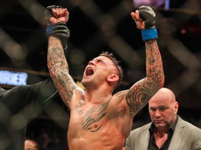 Dustin Poirier reacts after defeating Max Holloway in their interim lightweight championship bout during the UFC 236 event at State Farm Arena on April 13, 2019 in Atlanta, Georgia. (Photo by Carmen Mandato/Zuffa LLC)