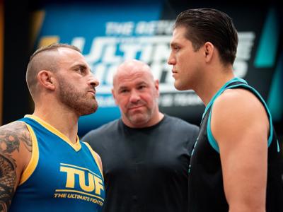 Alexander Volkanovski and Brian Ortega face off during the filming of The Return of The Ultimate Fighter at UFC APEX on May 20, 2021 in Las Vegas, Nevada. (Photo by Chris Unger/Zuffa LLC)