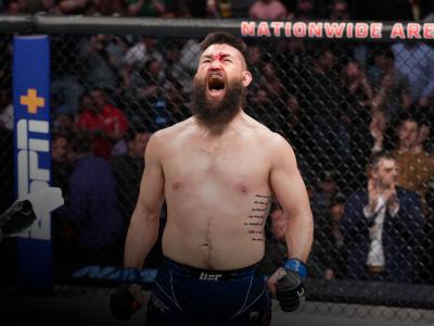 COLUMBUS, OHIO - MARCH 26: Bryan Barberena reacts after his welterweight fight against Matt Brown during the UFC Fight Night event at Nationwide Arena on March 26, 2022 in Columbus, Ohio. (Photo by Josh Hedges/Zuffa LLC)