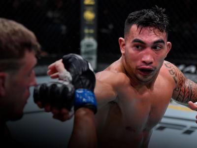 LAS VEGAS, NEVADA - JULY 24: (R-L) Punahele Soriano punches Brendan Allen in their middleweight fight during the UFC Fight Night event at UFC APEX on July 24, 2021 in Las Vegas, Nevada. (Photo by Jeff Bottari/Zuffa LLC)