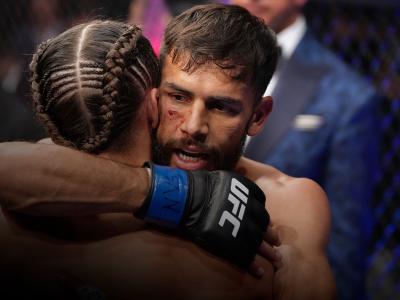 ELMONT, NEW YORK - JULY 16: (R-L) Yair Rodriguez of Mexico and Brian Ortega talk after their featherweight fight during the UFC Fight Night event at UBS Arena on July 16, 2022 in Elmont, New York. (Photo by Jeff Bottari/Zuffa LLC)