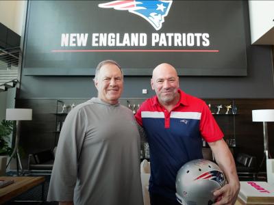 UFC President Dana White and New England Patriots head coach Bill Belichick pose for a picture at the UFC headquarters in Las Vegas, Nevada. (Photo by Chris Unger/Zuffa LLC)
