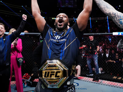 Jon Jones reacts to his win in the UFC heavyweight championship fight during the UFC 285 event at T-Mobile Arena on March 04, 2023 in Las Vegas, Nevada. (Photo by Jeff Bottari/Zuffa Getty Images)