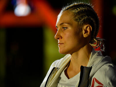Yana Kunitskaya of Russia prepares to fight Ketlen Vieira of Brazil in a bantamweight bout during the UFC Fight Night event at UFC APEX on February 20, 2021 in Las Vegas, Nevada. (Photo by Chris Unger/Zuffa LLC)