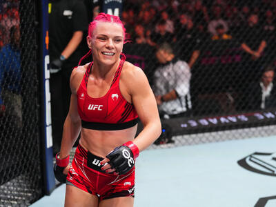 Gillian Robertson of Canada reacts after defeating Piera Rodriguez of Venezuela in a strawweight fight during the UFC Fight Night event at T-Mobile Center on April 15, 2023 in Kansas City, Missouri. (Photo by Josh Hedges/Zuffa LLC)